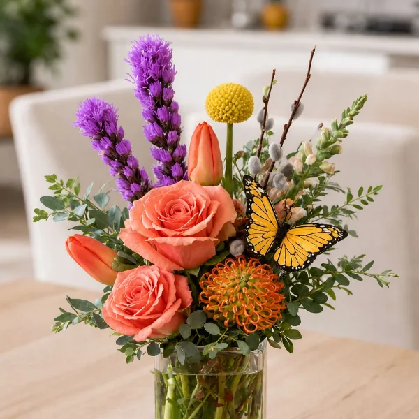 A floral arrangement featuring coral roses, purple flowers, and a decorative butterfly in a clear glass vase.