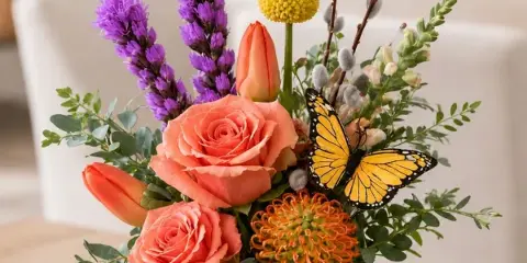 A floral arrangement featuring coral roses, purple flowers, and a decorative butterfly in a clear glass vase.