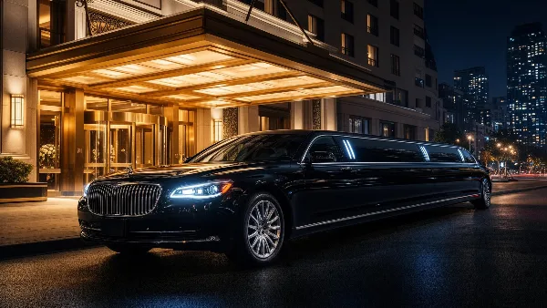 A black luxury limousine parked in front of a hotel entrance at night.