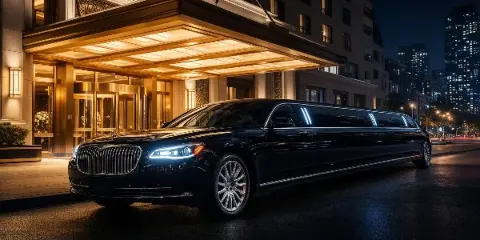 A black luxury limousine parked in front of a hotel entrance at night.