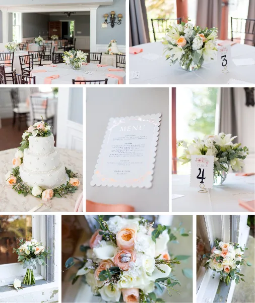 A collage of wedding photography showing a decorated reception room, floral centerpieces, a white wedding cake, a menu card, and a bridal bouquet.