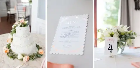 A collage of wedding photography showing a decorated reception room, floral centerpieces, a white wedding cake, a menu card, and a bridal bouquet.