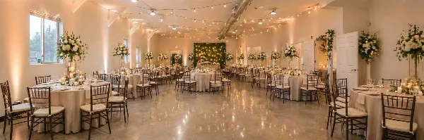 Interior of a wedding venue with round tables, white linens, floral centerpieces, and string lights.