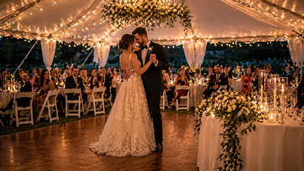 A bride and groom dancing at a wedding reception under a large tent with string lights, surrounded by tables and white chairs.