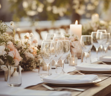 A close-up view of an elegantly set wedding table featuring white plates, wine glasses, and floral arrangements.