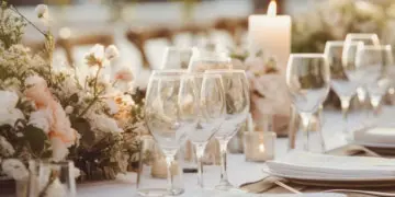 A close-up view of an elegantly set wedding table featuring white plates, wine glasses, and floral arrangements.