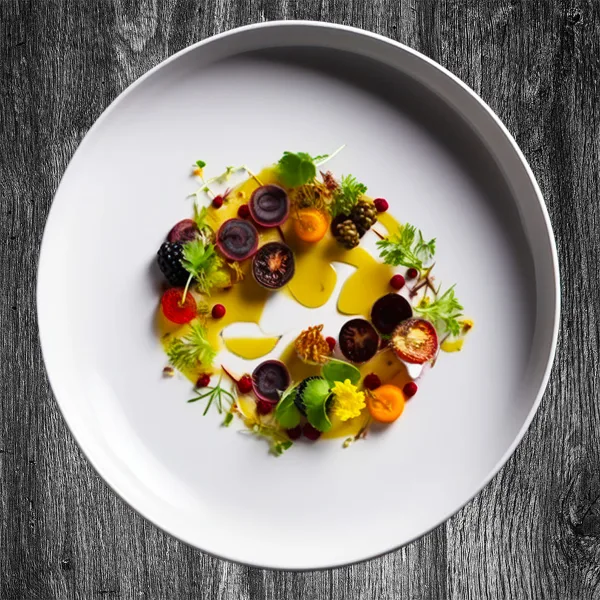 A gourmet plated dish featuring sliced beets, herbs, and a yellow sauce on a white plate.