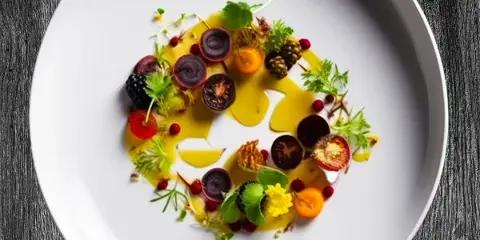 A gourmet plated dish featuring sliced beets, herbs, and a yellow sauce on a white plate.