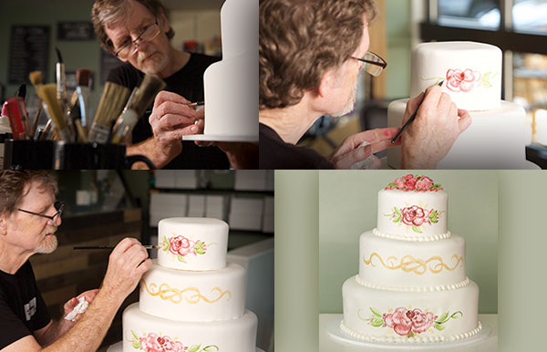 A collage of four photographs showing a baker hand-painting floral designs onto a multi-tiered white wedding cake.