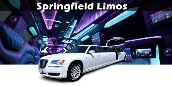 A white stretch limousine parked in front of a party bus interior featuring purple and blue fiber optic lighting.