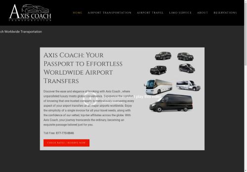 A promotional graphic for Axis Coach Transportation showing a fleet of black limousines, SUVs, and a motor coach.