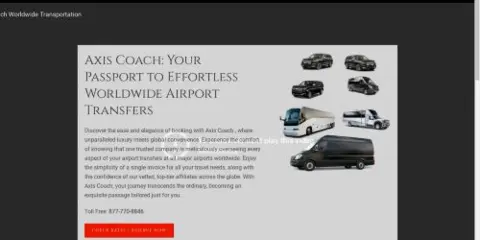 A promotional graphic for Axis Coach Transportation showing a fleet of black limousines, SUVs, and a motor coach.