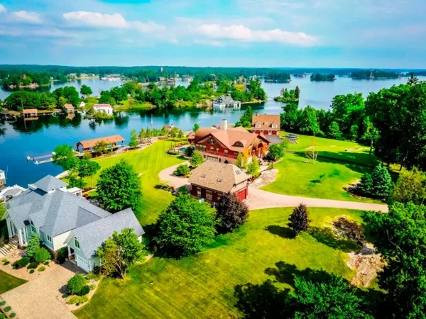 Aerial view of the Swan Bay Resort & Marina estate and waterfront property