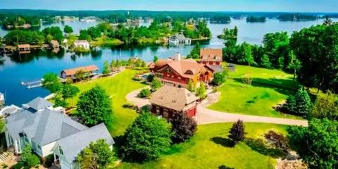 Aerial view of the Swan Bay Resort & Marina estate and waterfront property
