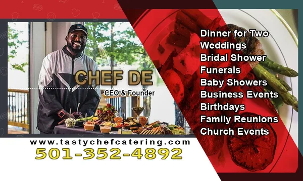Chef D standing behind a catering table filled with prepared food and appetizers, with a list of event types and contact information.