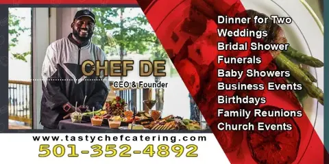Chef D standing behind a catering table filled with prepared food and appetizers, with a list of event types and contact information.
