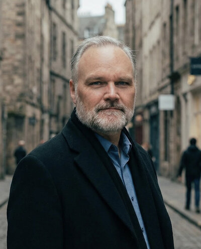 Portrait of Ryan Hinman, a man with a grey beard wearing a dark coat, standing on a city street.