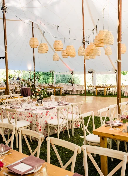 Tuscan farm table event setup by Rain or Shine Tent Company