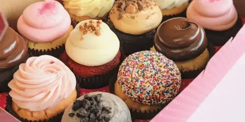 A box filled with an assortment of decorated cupcakes featuring various frostings, sprinkles, and toppings.