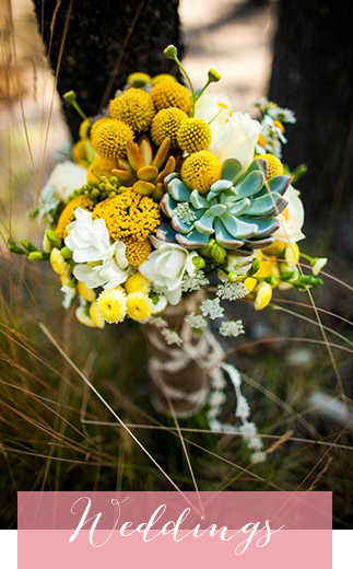 A floral bouquet featuring yellow craspedia, white flowers, and succulents, labeled with the text 'Weddings'.