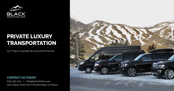 A lineup of black luxury SUVs and a van parked in a snowy mountain setting.