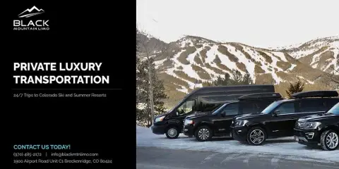 A lineup of black luxury SUVs and a van parked in a snowy mountain setting.