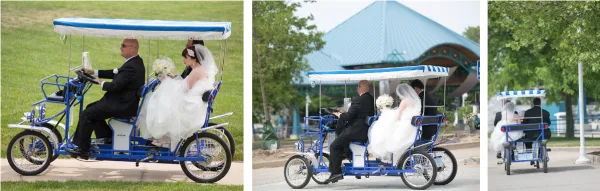 A bride and groom riding a blue Surrey bike with a canopy, used for a wedding photo shoot.
