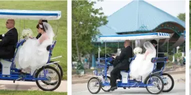 A bride and groom riding a blue Surrey bike with a canopy, used for a wedding photo shoot.
