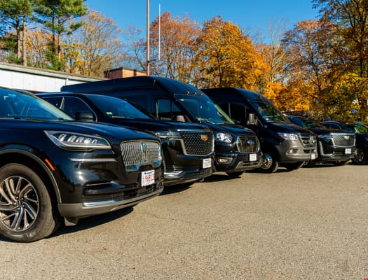 A row of black luxury SUVs and vans parked in a lot.