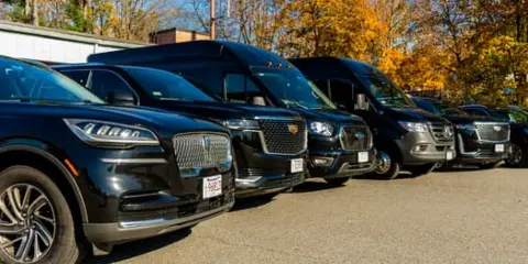A row of black luxury SUVs and vans parked in a lot.