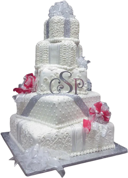 A five-tier white wedding cake with piped detailing, silver ribbons, pink and white floral accents, and a monogram topper.