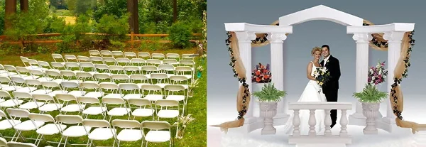 A split image showing rows of white folding chairs set up outdoors on the left and a white wedding archway with columns on the right.