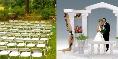 A split image showing rows of white folding chairs set up outdoors on the left and a white wedding archway with columns on the right.