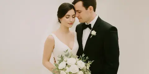 A bride in a white gown and a groom in a black tuxedo standing together holding a white rose bouquet.