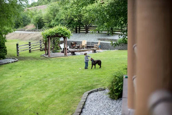 Outdoor view of a grassy property with a wooden pergola, stone patio, and a child playing with a dog.