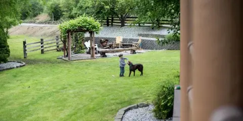 Outdoor view of a grassy property with a wooden pergola, stone patio, and a child playing with a dog.