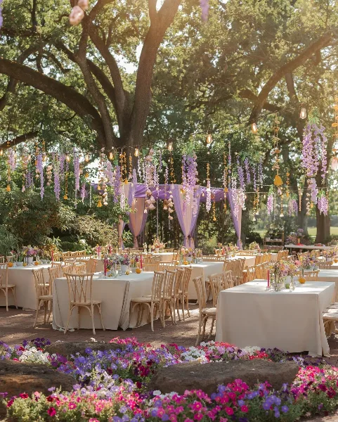 Outdoor wedding reception under oak trees featuring purple floral drapery, string lights, and white tablecloths.