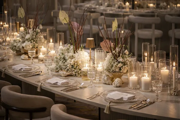 Elegant wedding table setting featuring white floral centerpieces, tall glass candle holders, and crystal glassware.