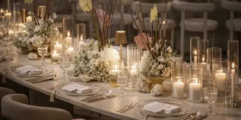 Elegant wedding table setting featuring white floral centerpieces, tall glass candle holders, and crystal glassware.