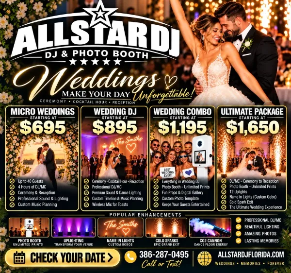 A promotional graphic for ALLSTAR DJ Productions Florida featuring a wedding couple, a photo booth, and a dance floor with lighting, listing various wedding packages and services.