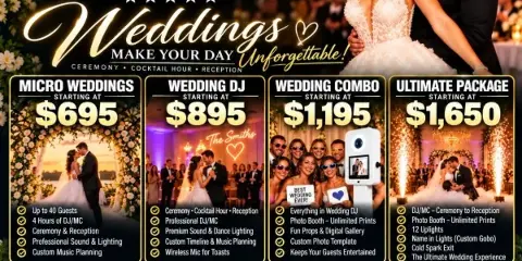 A promotional graphic for ALLSTAR DJ Productions Florida featuring a wedding couple, a photo booth, and a dance floor with lighting, listing various wedding packages and services.