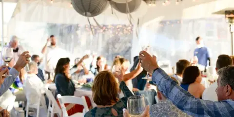 Guests at a wedding reception raising wine glasses in a toast under a white tent.