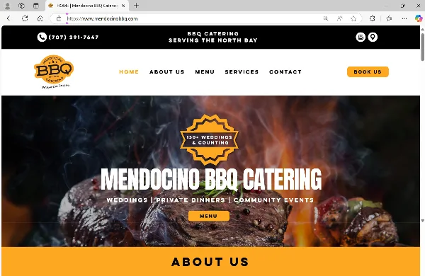 Close-up of smoked barbecue meats with smoke and flames in the background, overlaid with the Mendocino BBQ Catering logo and text.