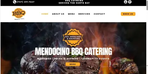 Close-up of smoked barbecue meats with smoke and flames in the background, overlaid with the Mendocino BBQ Catering logo and text.