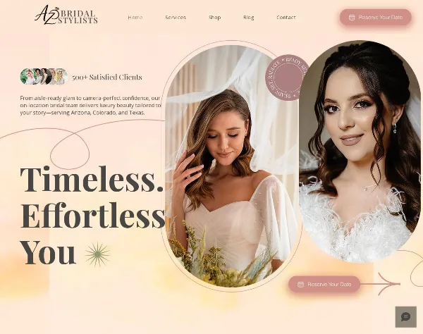 Two bridal portraits showing styled hair and makeup, set against a soft pink background with the text 'Timeless. Effortless. You'.