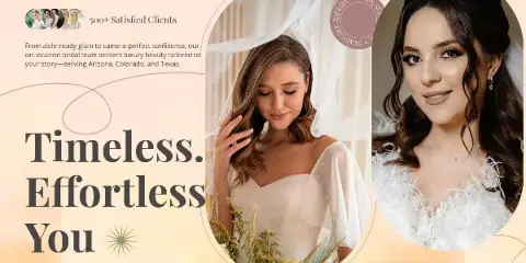 Two bridal portraits showing styled hair and makeup, set against a soft pink background with the text 'Timeless. Effortless. You'.