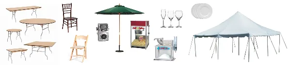 Assorted party rental items including folding tables, chairs, a white canopy tent, glassware, plates, a patio umbrella, a boombox, a popcorn machine, and a snow cone machine.