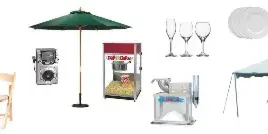 Assorted party rental items including folding tables, chairs, a white canopy tent, glassware, plates, a patio umbrella, a boombox, a popcorn machine, and a snow cone machine.