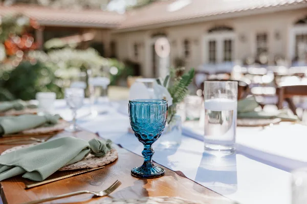 Outdoor event table set with green linens, blue glassware, flatware, and place settings.