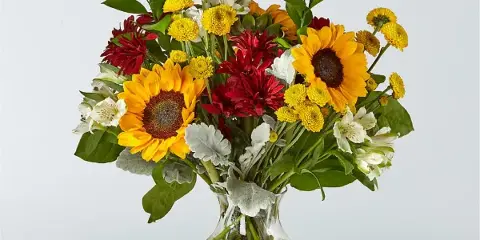 A mixed bouquet of sunflowers, red dahlias, yellow chrysanthemums, and white alstroemeria in a clear glass vase.